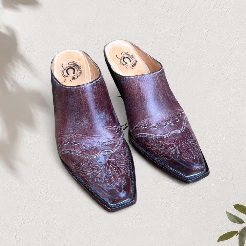 Charlie 1 Horse x Lucchese Vintage Western Leather Mules Brown Snip Toe 6.5B